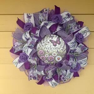 Purple Butterfly Rose Mesh & Ribbon Spring Wreath Front Door Hanger Home Decor